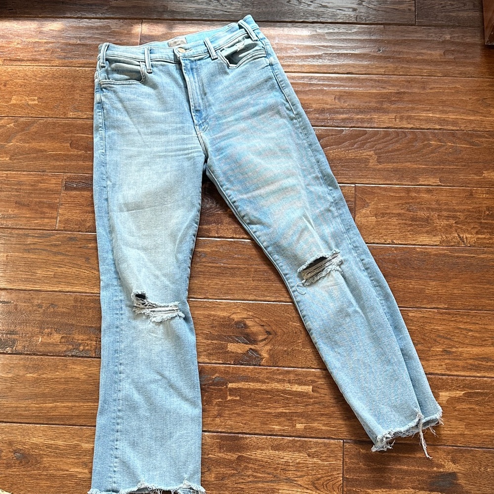 MOTHER Light Blue Distressed Straight Leg Jeans